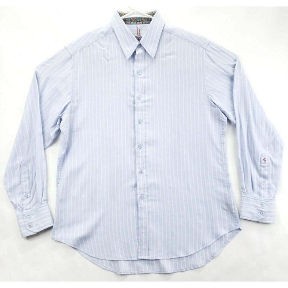Robert Graham Shirt Mens Medium Blue White Striped Embroidered Cotton Flip Cuffs